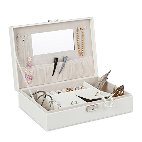 Preisvergleich Produktbild Relaxdays Schmuckkasten in Leder-Optik, versperrbarer Schmuckkoffer mit Spiegel, für Ringe, Ketten, BxT 28x19,5 cm, weiß
