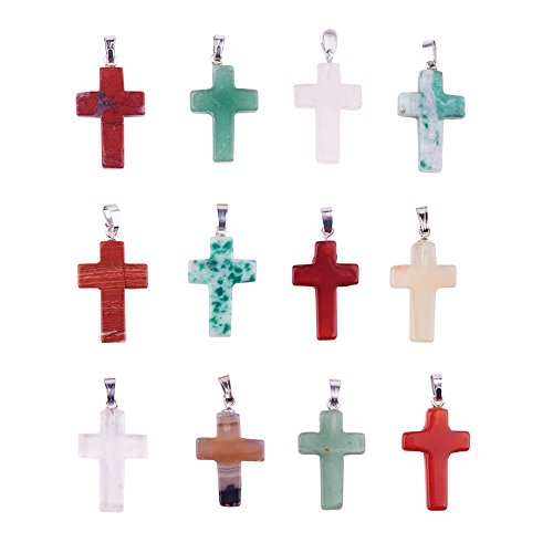PandaHall-Colgantes de piedras preciosas, Cruz, Mixto Piedra, 26x15x4mm, agujero: 6x3mm