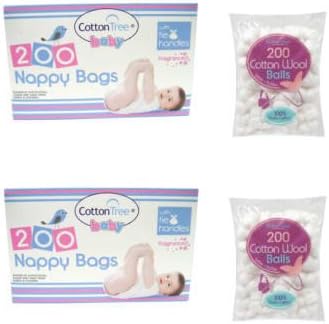 FOUR PACK 400 Scented Nappy Disposal Bags With Tie Handles PLUS 400 Pure Cotton Wool Balls. Ideal For Baby Skin Care &amp; Nappy Changing.