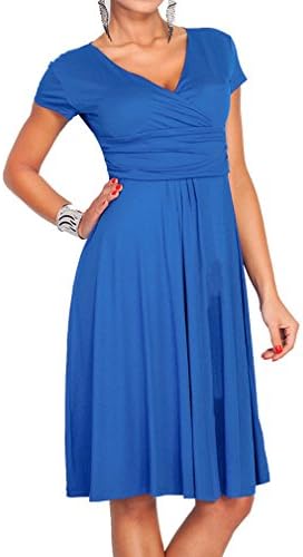 QIYUSHOW Short Sleeve V-Neck Ruffled Waist Solid Color Knee Long Casual Dress (M, Royal Blue)