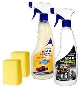 MAX Essential Car Care Kit (Pack of 4 Pieces) - Conatins 500 ML Each of Dashboard/Tyre Shiner and Liquid Wax Polish and 2 Foam Applicators for Polishing and Waxing Your Cars