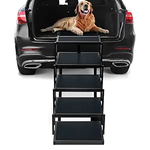 Niubya Dog Steps for Large Dog, Foldable Aluminum Dog Stairs with Nonslip Surface for Cars and SUV, High Beds, Trucks, Lightweight 5 Step Pet Ladder Ramp Supports 150 Lbs