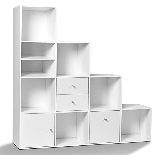 détail IDMarket - Meuble de Rangement escalier 4 Niveaux Bois Blanc avec Porte et tiroirs