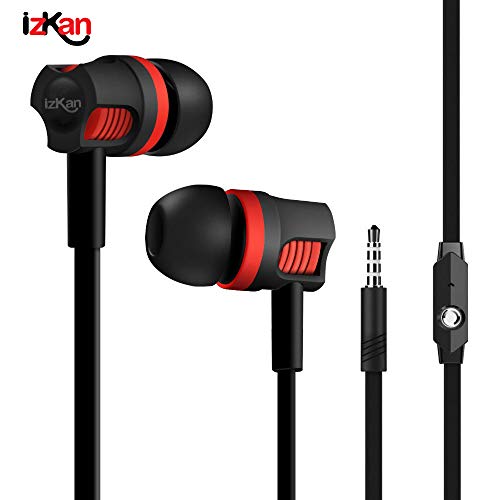 FusionTech® Auriculares intraurales con Aislamiento de Ruido, con micrófono, Sonido Puro, Graves potentes, Auriculares con Cable para iPhone, iPad, iPod, Samsung Smartphones y tabletas Negro/Rojo