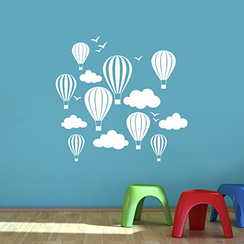 Children's Hot Air Balloons with Clouds & Birds Wall Sticker - Art Vinyl Decal Stickers, Childrens Bedroom, Easy to Apply, Free Applicator, Easy Peel - (Please Choose Your Size & Colour Using the Selection Boxes) - by Rubybloom Designs