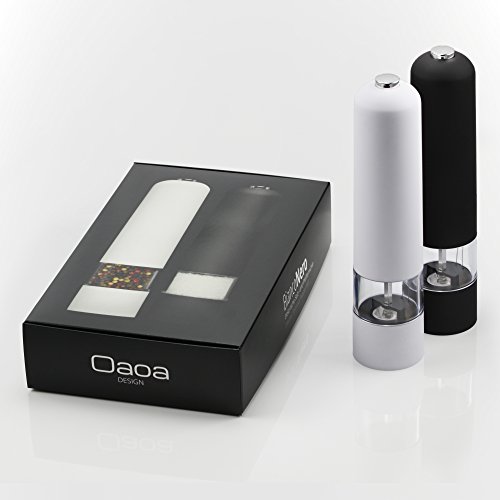 Oaoa Design elektrische Pfeffermühle und Salzmühle als exklusives Set, Modell „BiancoNero“, mit Licht, Bonus E-Book, hochwertiges Keramikmahlwerk, klimaneutrale Verpackung und Transport - 5