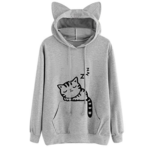 Preisvergleich Produktbild Damen Kapuzenpullover Btruely Frau Herbst Pullover MädchenHooded Sweatshirt Mode Langarm Katze Tops (XXL, Grau)