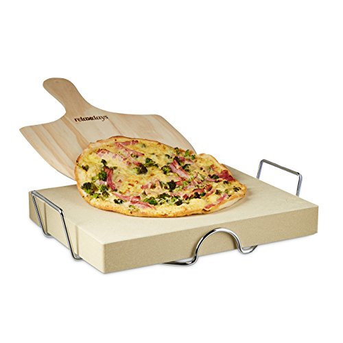 Relaxdays Pizzastein Set 5 cm Stärke mit Metallhalter und Pizzaschieber aus Holz HBT 7 x 43 x 31,5 cm rechteckiger Brotbackstein für Pizza und Flammkuchen mit Pizzaschaufel für Pizzaofen, natur
