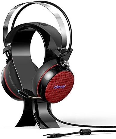 Gaming Headphones, iClever Gaming Headphones with Noise-canceling MIC, 7.1 Surround Sound Headset with Stand, LED Light, Vibration Tuner for PC, Tablet, Computer, Red Black