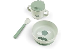Done by Deer Foodie first meal Geschirrset Happy clouds Grün - Praktische kindergeschirr - baby löffel, Schüssel mit saugnapf und Trinkbecher, 100% PP in Lebensmittelqualität mit rutschfestem TPE