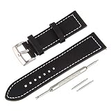 BEWISH 24mm Lederarmband Uhrenarmbänder Rind Kalbsleder Ersatzband Echt Leder Uhrarmband gebürstete Edelstahl Metall Dornschließe Wechselarmband Wrist Strap Band Replacement Uhrmacherwerkzeug Schwarz