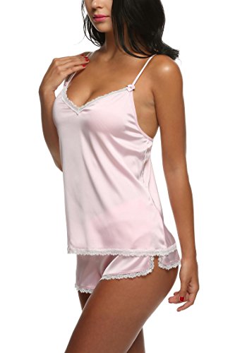Ekouaer Träger Nachthemd Kurz Nachtwäsche Schlafanzüge Sexy Damen Negligee Wäsche set aus Satin Pyjama - 3