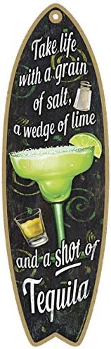(Grain of Salt) - (SJT41305) Margarita - Take life with a grain of salt, a wedge of lime and a shot of Tequila 13cm x 41cm Surfboard Wood Plaque Sign
