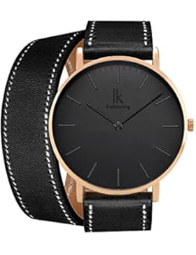 Alienwork IK Wrap2 Quarz Armbanduhr Ultra-flach Uhr Damen Uhren Herren Doppel Wrap Leder schwarz 98469CL-07