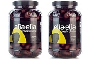 HELLENIKOS Spar-Set 2 x 1 KG griechische Kalamata Oliven entkernt - Chalkidiki schwarze Oliven Extra Large im PET-Fass je 1000 g aus Griechenland + 10 ml Probiersachet Olivenöl aus Kreta