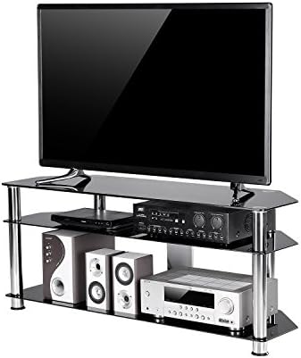 TAVR Furniture Black Tempered Glass Corner TV Stand Cable Management Suit for up to 65 inch LCD, LED Oled TVs,Chrome Legs TS2003