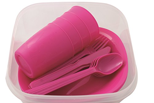 Menz Stahlwaren GmbH Presupuesto lata camping set para 4 personas con platos, vaso y cubiertos, Pink - 1 Stück, 2 unidades