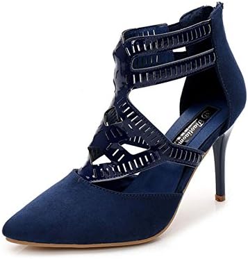 WYWQ Stiletto Pointed Suede Spell Face Openwork Leisure Female High Heels Back Zip Red Black Blue Apricot 35-40 Single Shoes , blue , 36