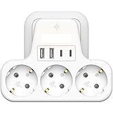 7 en 1 Regletas Enchufes 2 USB, Ladron Enchufes Plano con 2 USB C, 3 Tomas Ladrón Enchufes Multiples con LED, Triple Cargador