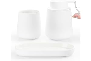 BosilunLife White Bathroom Accessory Set - 3 pcs Ceramic Bathroom Soap Dispenser Set Farmhouse Bathroom Counter Decor Set Accessories, Soap Dispenser and Toothbrush Holder, Tray (White Liquid)