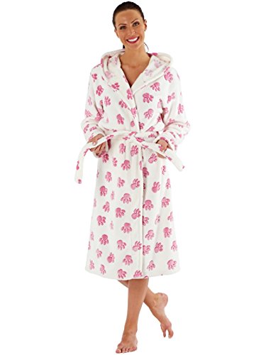 Ladies Jacquard Paw Design Soft Luxury Fleece Bath Robe with Hooded Ears (pink/grey) 14-16