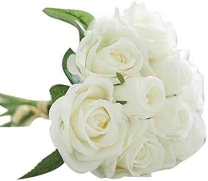 FALAIDUO 9 Heads Artificial Flowers Bunch Silk Fake Flowers Rose Leaf Wedding Floral Decor Bouquet (9 Heads, White)