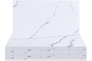 Hode 12 Pieces Marble White Self Adhesive Wall Tile Stickers for Bathroom, 15cmx30cm White Stick on Tiles for Kitchen Walls, Vinyl Peel and Stick Waterproof (Glossy)