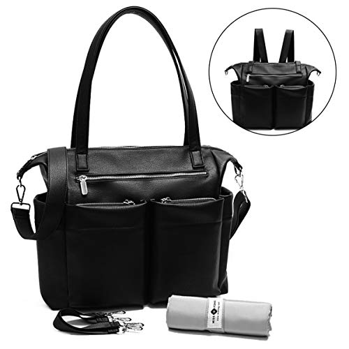 Wickelrucksack von Miss Fong, Wickeltasche Rucksack, Lässig Wickeltasche Baby Wickelrucksack, Lederrucksack Damen mit Wasserdicht Wickelunterlage,Kinderwagen Haken (Schwarz)