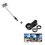 Pack que contiene un mini selfie stick ajustable con botón y un objetivo pinza 3 en 1