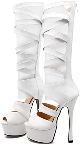 faraly Waterproof High Stiletto Heel Above Knee Boots Platform Cross Strap Shoes Hollow Female, White