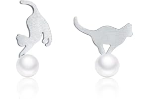 Qings Orecchini Gatto Perla, orecchini a Bottone Animali in Argento Sterling 925 Carino Gattino, Naturale d'Acqua Dolce Perle Orecchini Gioielli per Donne Ragazza