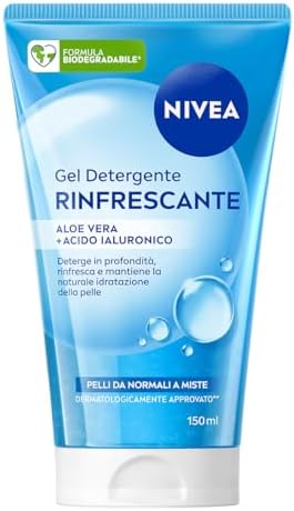 NIVEA Gel Detergente Viso Rinfrescante 150 ml, Detergente schiumogeno viso idratante, Foaming cleanser con Aloe Vera e Acido Ialuronico, Rimuove SPF e impurità, Skincare per pelle da normale a mista