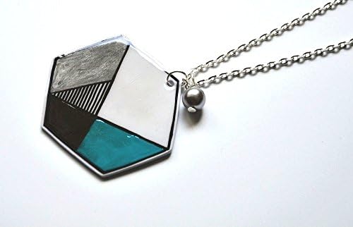 Handpainted Shrink Plastic Necklace Turquoise Hexagon