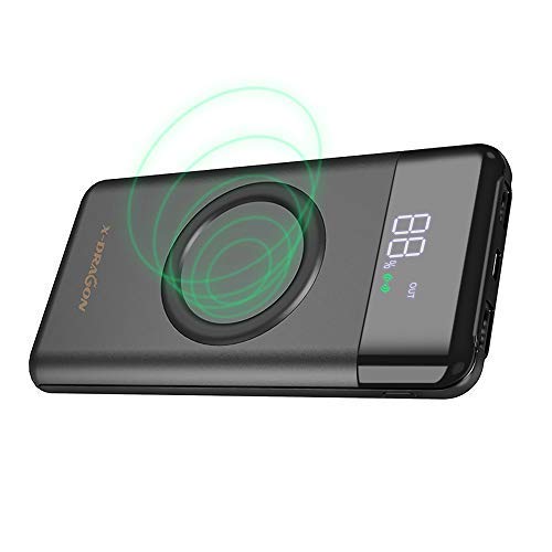 X-DRAGON Caricatore Wireless Power Bank 10000mAh Caricabatteria Portatile Dual 2A Ingresso(USB C & Micro) Batteria Esterna con LCD Display per iPhone X,iPhone 8,Samsung Galaxy S9/S8/S7 Note 8