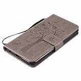 LEMORRY LG X power Hülle Tasche Geprägter Ledertasche Flip Beutel Haut Slim Fit Bumper Schutz Magnetisch Schließung Stehening Soft SchutzHülle Weich Silikon Cover Case Schale für LG X power (K220DS,K220), Glücklicher Baum Grau - 