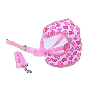 KUTKUT Adjustable Pink Heart Printed, Mesh Breathable Harness and Leash Set for Puppy ( Size: M, Adjustable Chest: 36cm - 48cm)