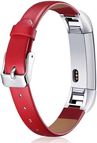 Amoyl for Fitbit Alta Leather Strap, Alta HR Band,Classic Adjustable Replacement Wristband with Metal Connectors for Fitbit Alta (HR) Fitness Accessories Women Men (Red, for 5.3"- 7.6" wrist)