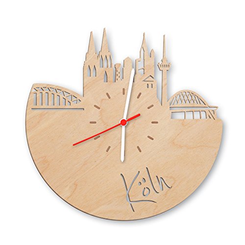 Skyline Köln Wanduhr aus Birken-Holz Made in Germany Design Uhr aus Echtholz Wand-Deko aus Birke | Originelle Wand-Uhr Moderne Wand-Uhr im Skyline Design Wand-Dekoration aus Natur-Holz