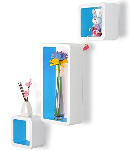 3er Set Wandregal Bücherregal, Cube Regal CD-regal, MDF Holz, Farben auswählbar, Weiß-Blau RG9229bl - 7