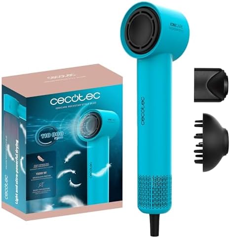 Cecotec Asciugacapelli Ionicare Rockstar Style Blue. Compatto E Leggero 1500W Con Motore Brushless, 110.000 Rpm, Generatore Di Ioni, Impostazioni Temperatura E Velocità, Design Portatile