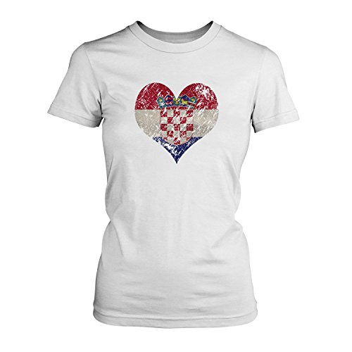 Fashionalarm Damen T-Shirt – I Love Croatia | Fun Shirt Trikot mit Vintage Flagge Print für Fußball & Kroatien Fans | Adria Urlaub | EM & WM, Farbe:weiß;Größe:XS