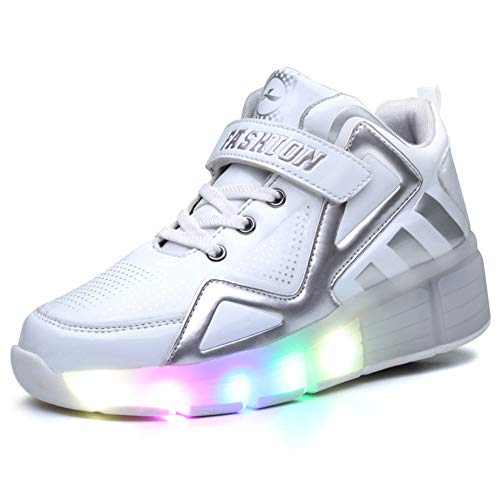 Unisex Enfants LED Clignotante Simple et Double Roue Chaussures Sports De Plein Air Entraînement Skate Baskets Rétractable Technique Skateboard Sneakers