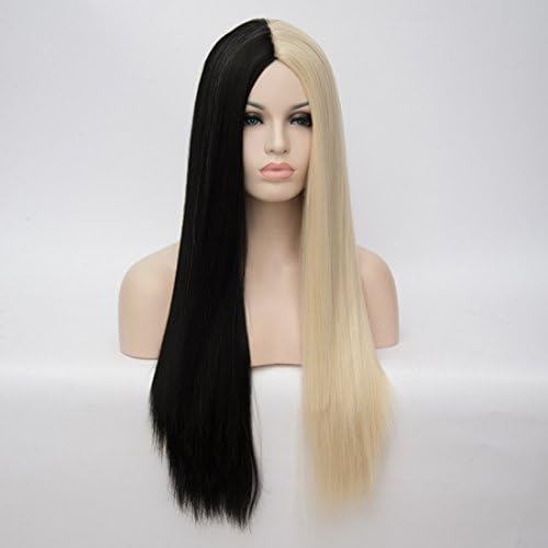 WPQES Fashion Long Straight Half Black Half Gold Full brown Women Cosplay Synthetic Wig