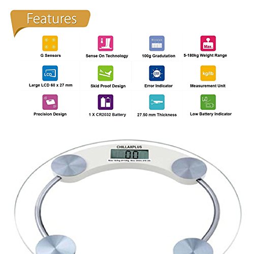 CHILLAXPLUS Big Size ( 33 cm ) LED Display Bathroom Weighing Scale with 8mm Thick Tempered Glass-1234(White) RS.699 (46.00% Off) - Amazon