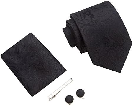 Paisley Men's tie, Handkerchief, stickpin and Cufflinks premium tie set gift box (Black)