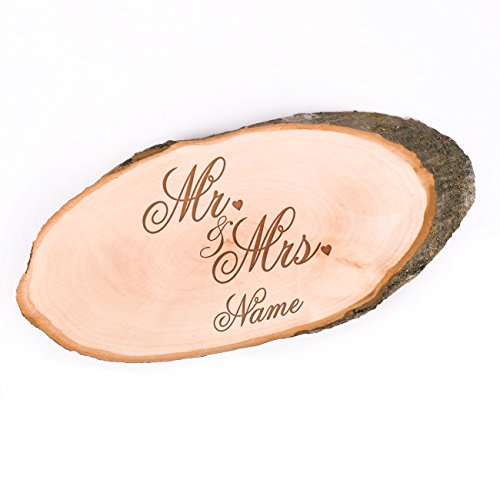 Cera & Toys® Holzscheibe oval ca. 23-26 cm lang für Vintage Hochzeit mit Gravur - Mr & Mrs - mit Namen & Datum ideal als Tischdekoration zur Hochzeit