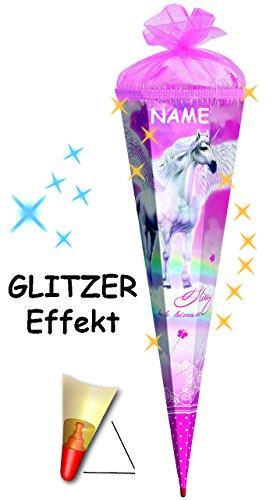 3-D Glitzer Effekt _ ! – Schultüte – “ Pegasus / Pferd – Einhorn “ – 70 / 85 cm – incl. große SCHLEIFE – rund – 6 eckig – Organza / Filz & Glimmer Abschluß – Zuckertüte Roth – mit Holzspitze – für Mädchen / Geschenktüte – Pferde – Einhörner – rosa Blumen & Ranken - 4