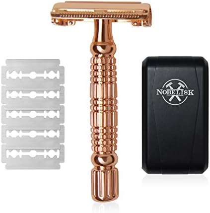 Nobelisk Premium Safety Razor with 5 Razor Blades | Sharp Wet Shaving with double-edged Shaver head for Men | Shaver with Butterfly-Opening System for a quick change of blade | Shaving Set with Blades Travel case &amp; built-in mirror (Gold)