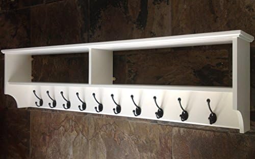 Original Crate Furniture Wide Hat and Coat Rack with Shelf Wall Mounted Solid Wood Display Shelves with Cast Iron Hooks for Hall Kitchen Bathroom or Bedroom, Antique White