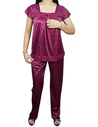 Indiatrendzs Women Night Suit Satin 4 pc Dark Pink Nightdress (1 Nighty 1 Top 1 Bottom Pyjama 1 Overcoat) Pack Of 4